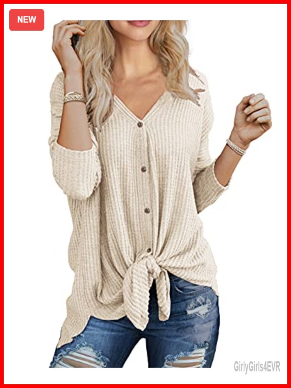 Waffle Knit Button Down Henley Long Sleeve Tunic Blouse Tie Front Top
